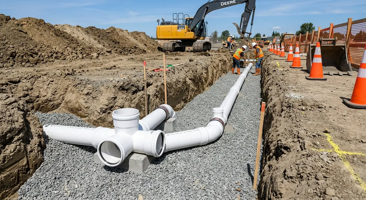 New PVC sewer pipe installation in open trench for Grease Trap Cleaning in Olathe