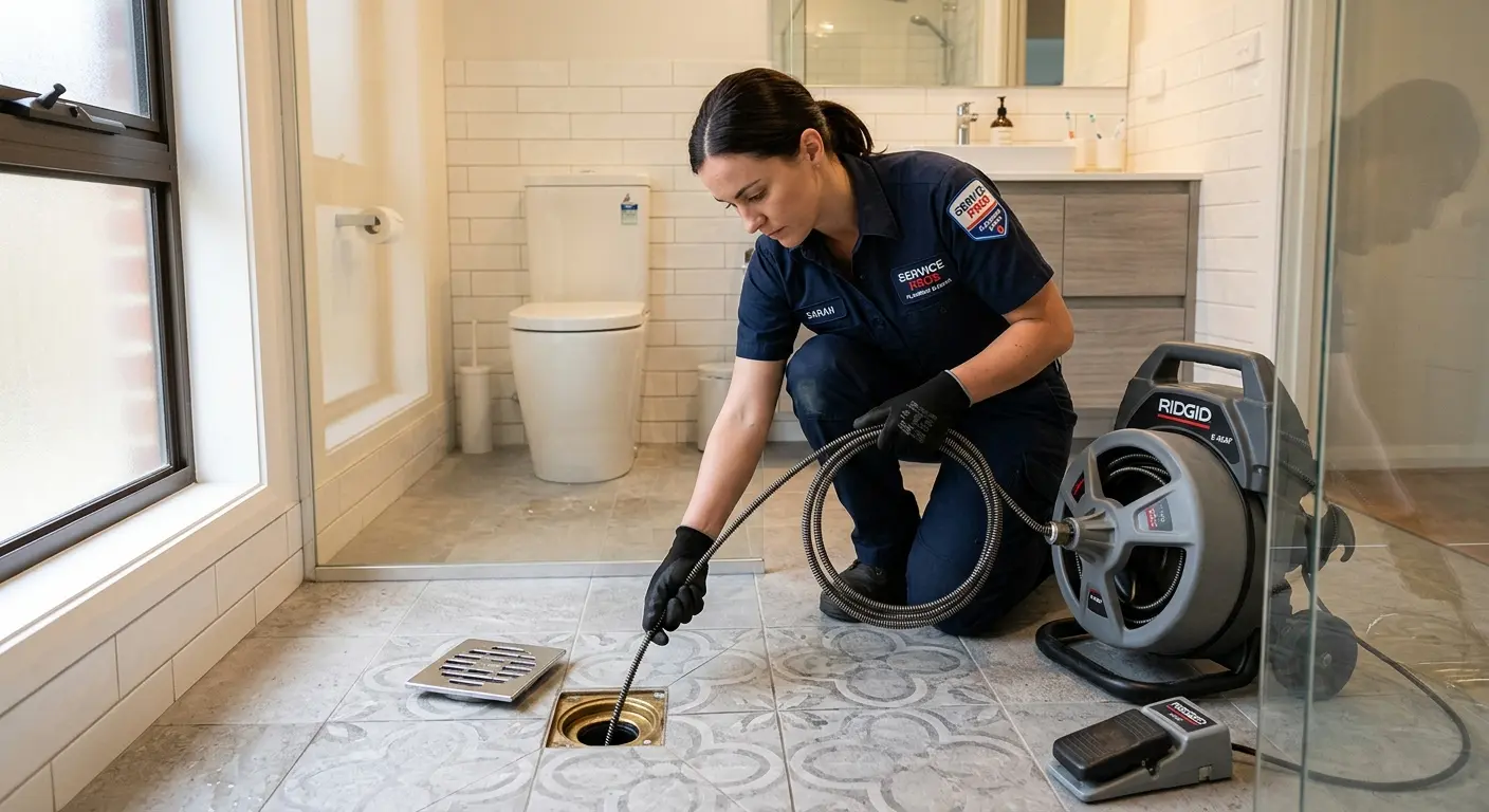Technician clearing a bathroom floor drain for Sewer Line Installation in Olathe